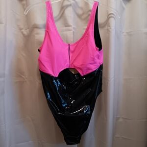 Pink and Black Pleather Cutout Swimsuit
